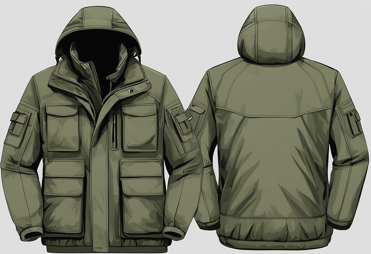 A sturdy, weatherproof jacket with multiple pockets and camouflage pattern