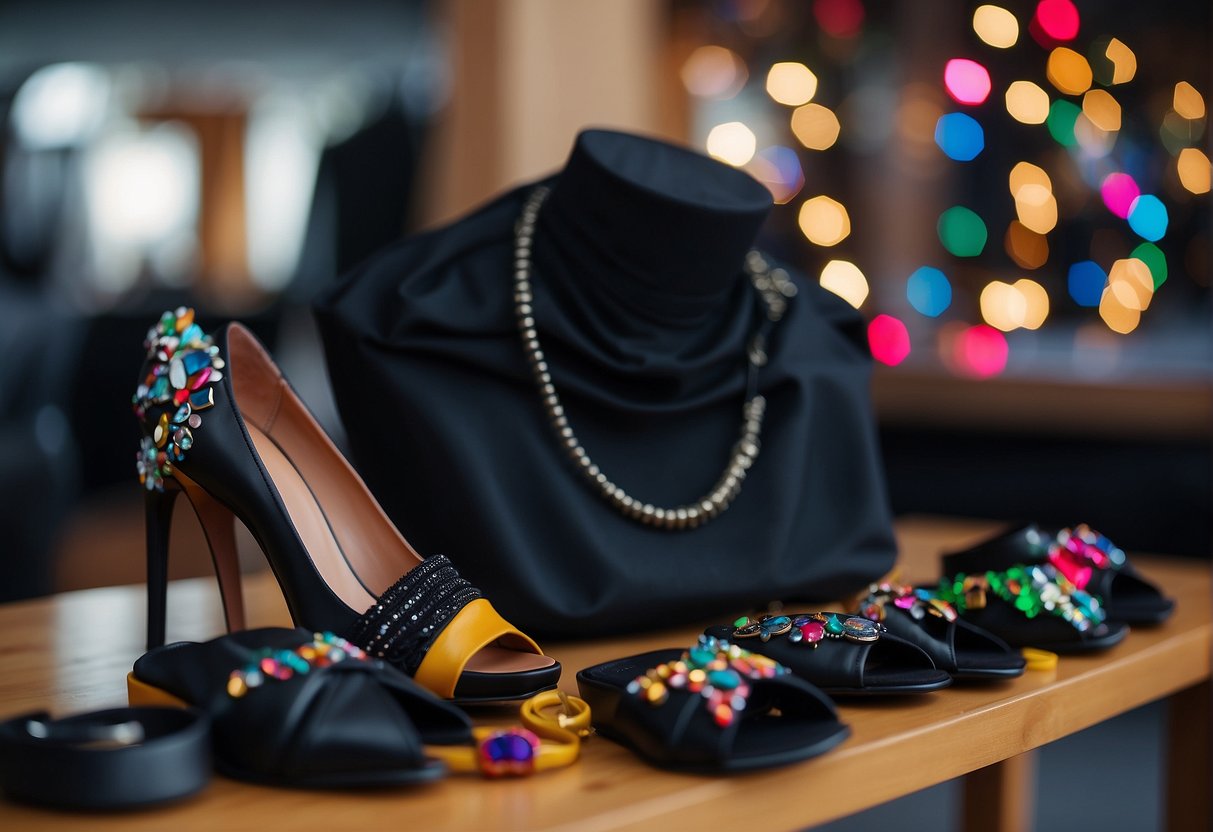 A mannequin dressed in black clothes with a variety of colorful accessories and shoes displayed on a table