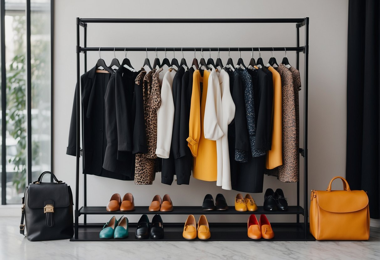 A black clothing rack with colorful accessories and shoes arranged around it