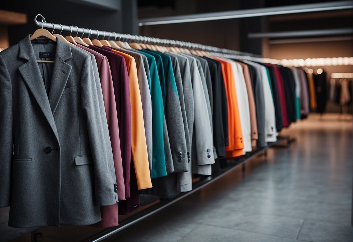 A grey clothing rack surrounded by vibrant color swatches