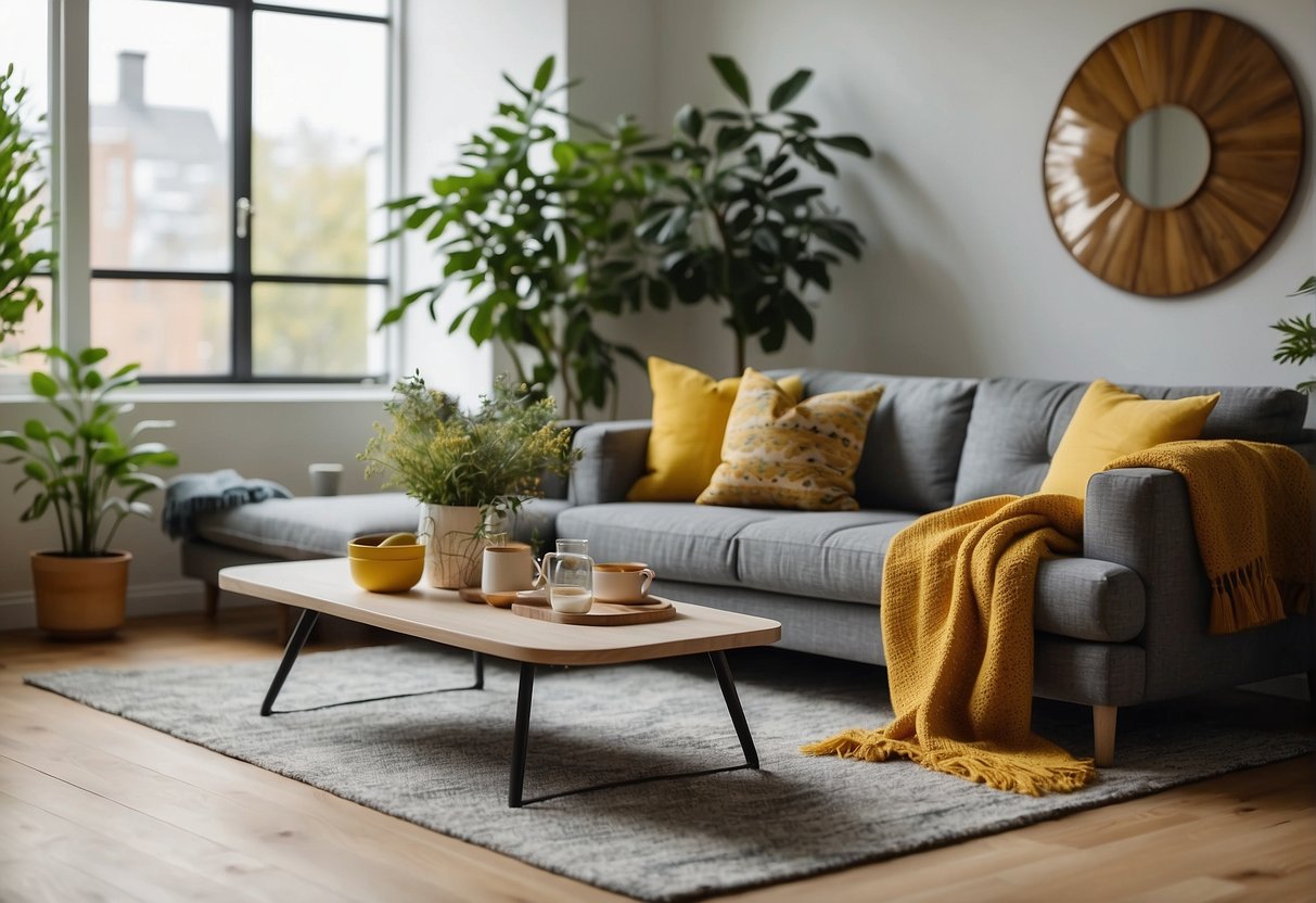 A cozy living room with a grey sofa, accented with a soft blue throw and pillows, a warm mustard yellow rug, and a pop of color from a vibrant green plant