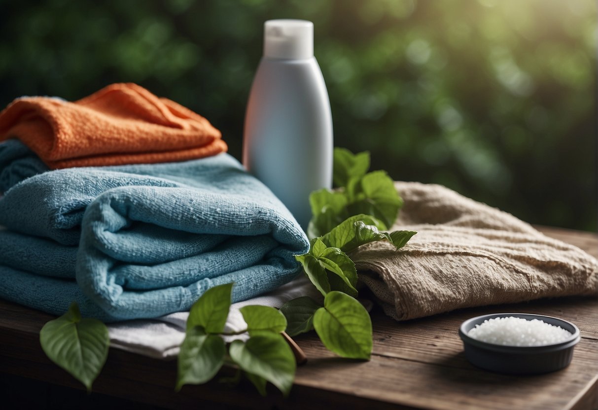 A pile of soiled clothes with poison ivy residue, a bottle of detergent, and a scrub brush on a clean surface