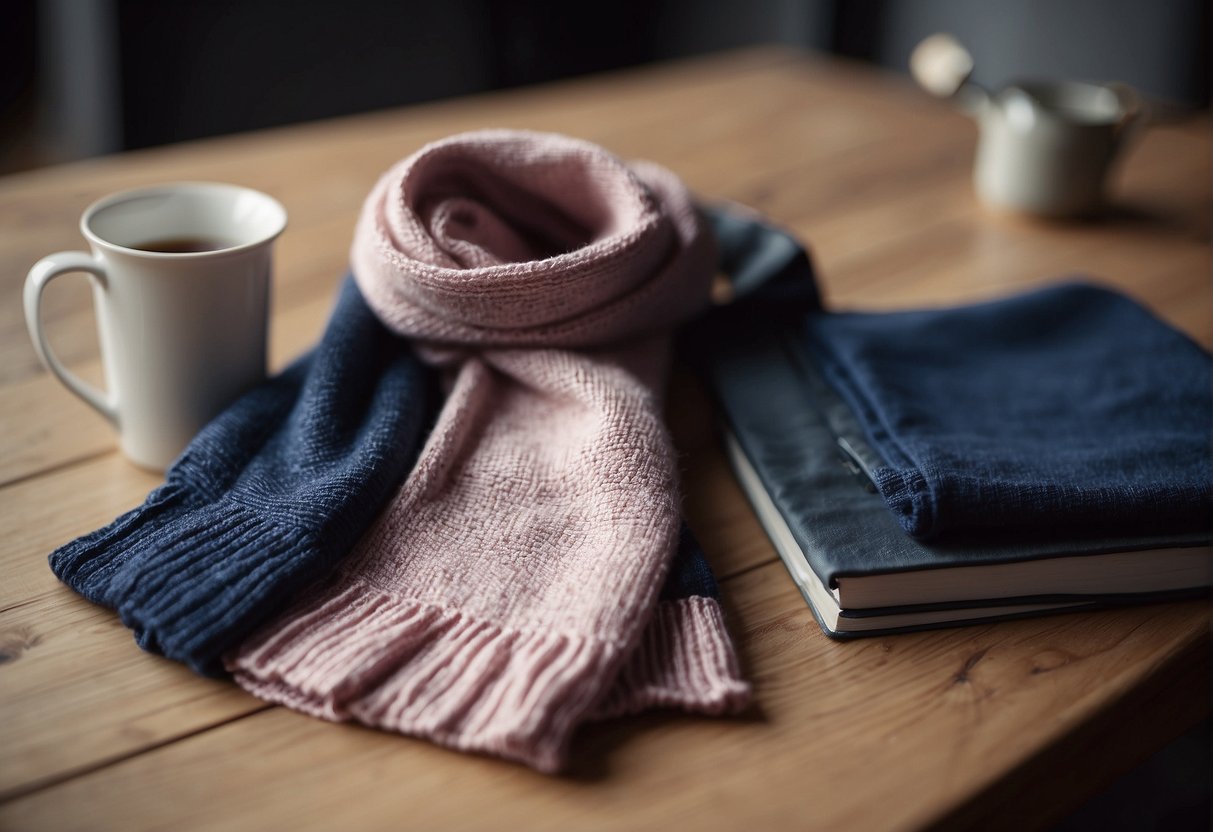 A grey scarf, paired with a soft pink sweater and navy blue pants, lying on a wooden table