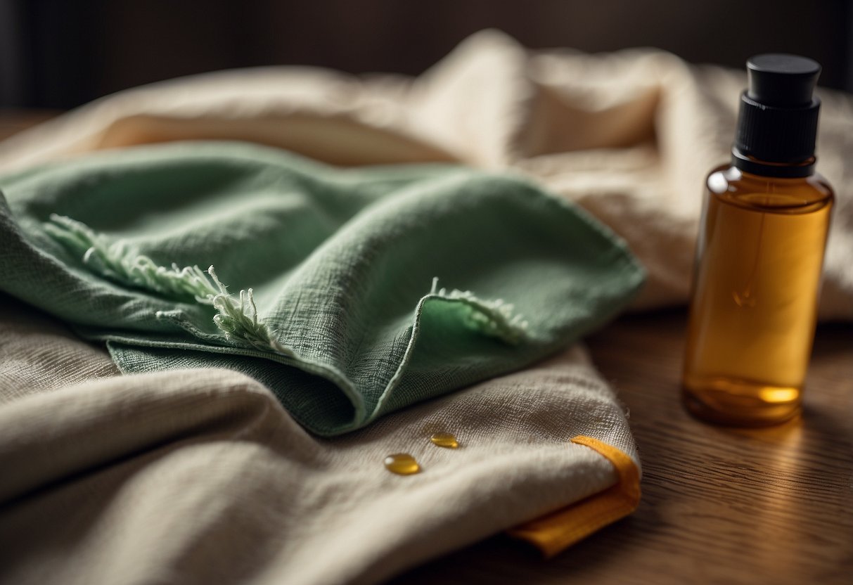 A bottle of eyelash glue spilled on a piece of clothing, with a cloth and a bottle of home remedy solution nearby