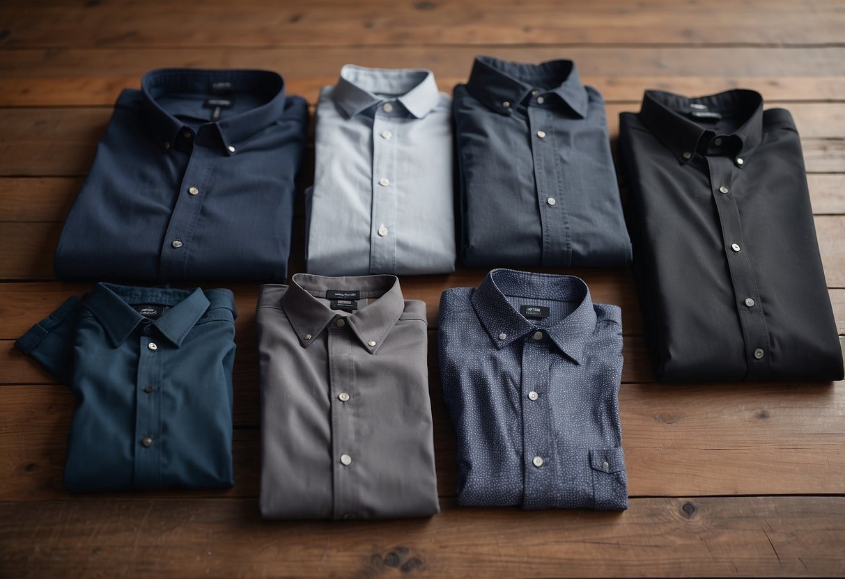 A grey pants laid out with options of a white, navy, or black shirt