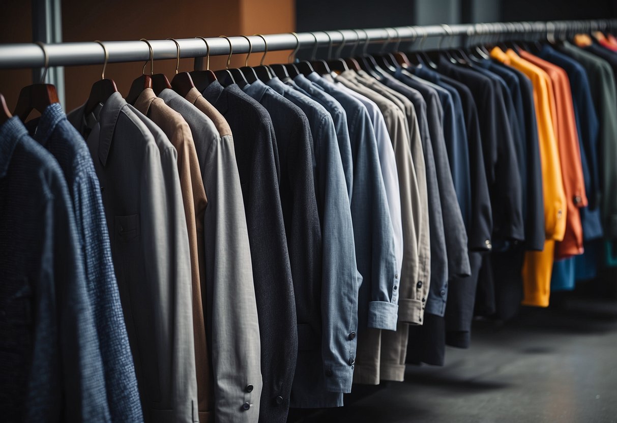 A pair of grey pants with various colored shirts laid out next to them