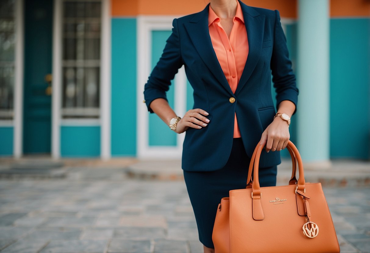 A turquoise dress paired with a deep navy blazer and a pop of coral accessories. The scene is set against a backdrop of a vibrant turquoise wall with accents of gold and white decor