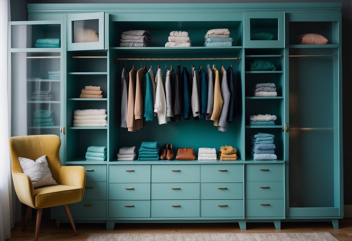 A wardrobe with turquoise clothes surrounded by color swatches in various shades and tones