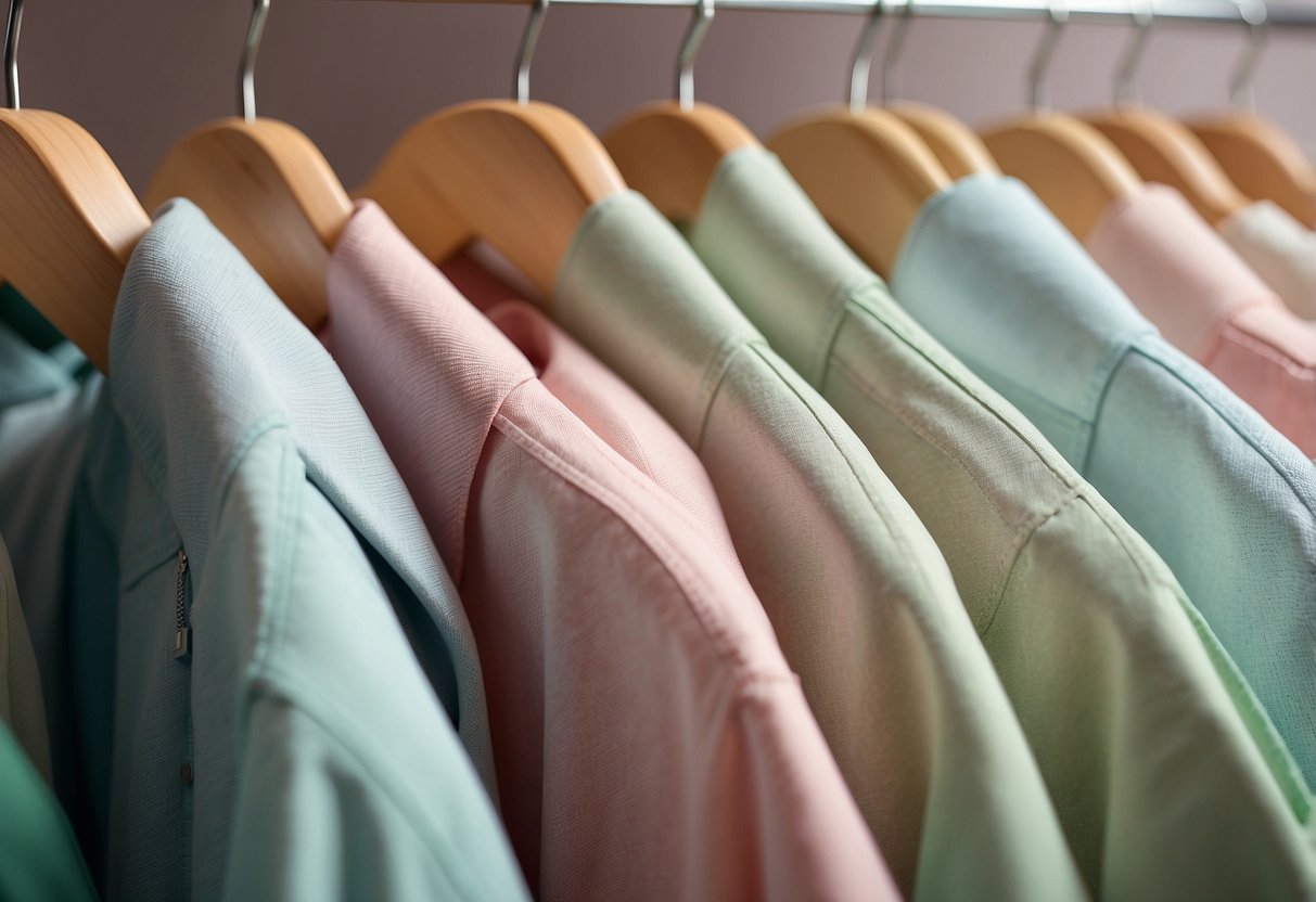 Cream-colored clothes arranged with soft pastel shades of pink, mint green, and light blue against a neutral background