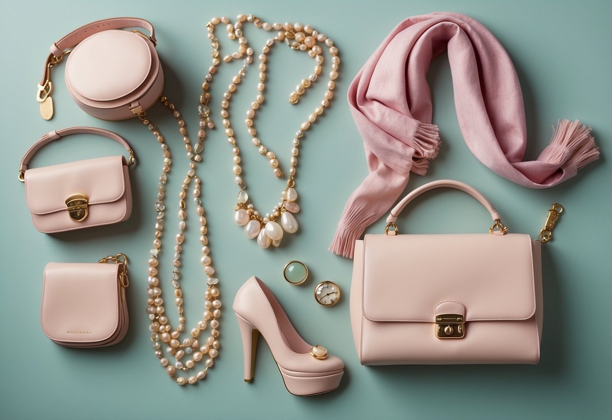 Cream outfits laid out with matching accessories in soft pastel colors: blush pink scarves, mint green jewelry, and lavender handbags