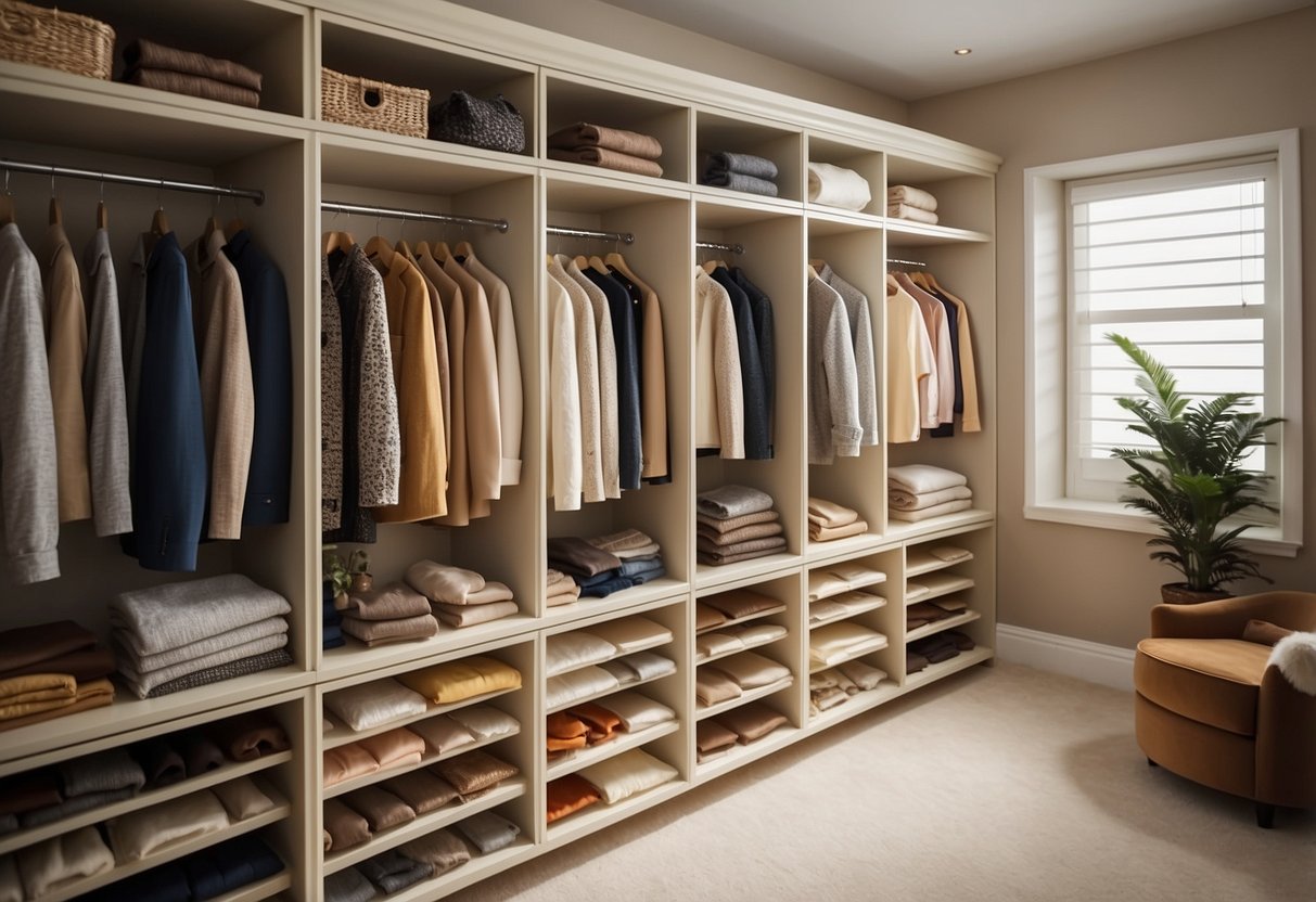 A cream wardrobe surrounded by color swatches in various shades and tones, creating a visual guide for coordinating colors