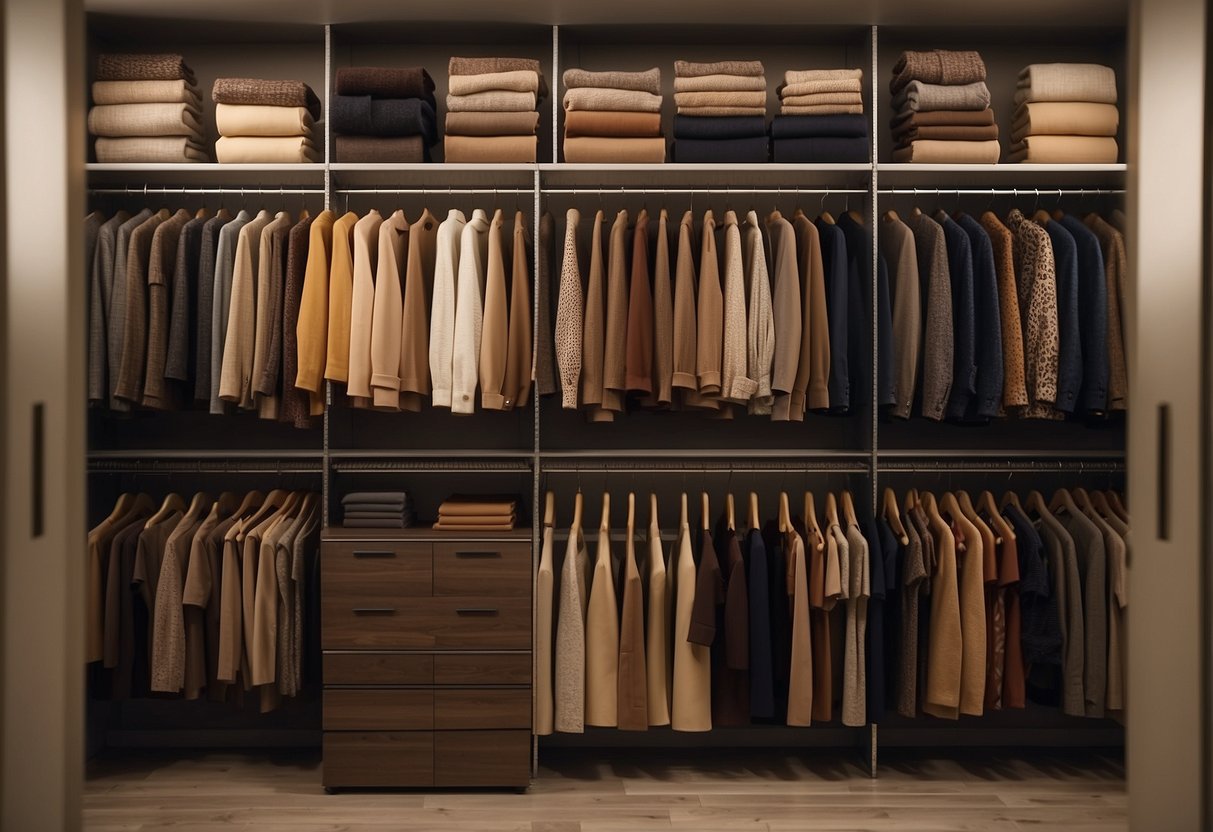 A closet with various shades of brown clothing and color swatches in different colors