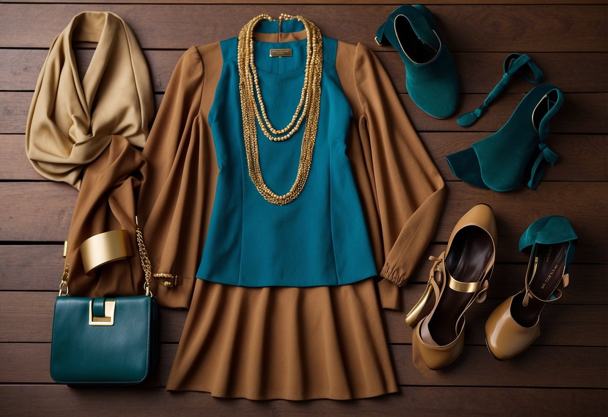 Brown outfits laid out with coordinating accessories in shades of blue, green, and gold