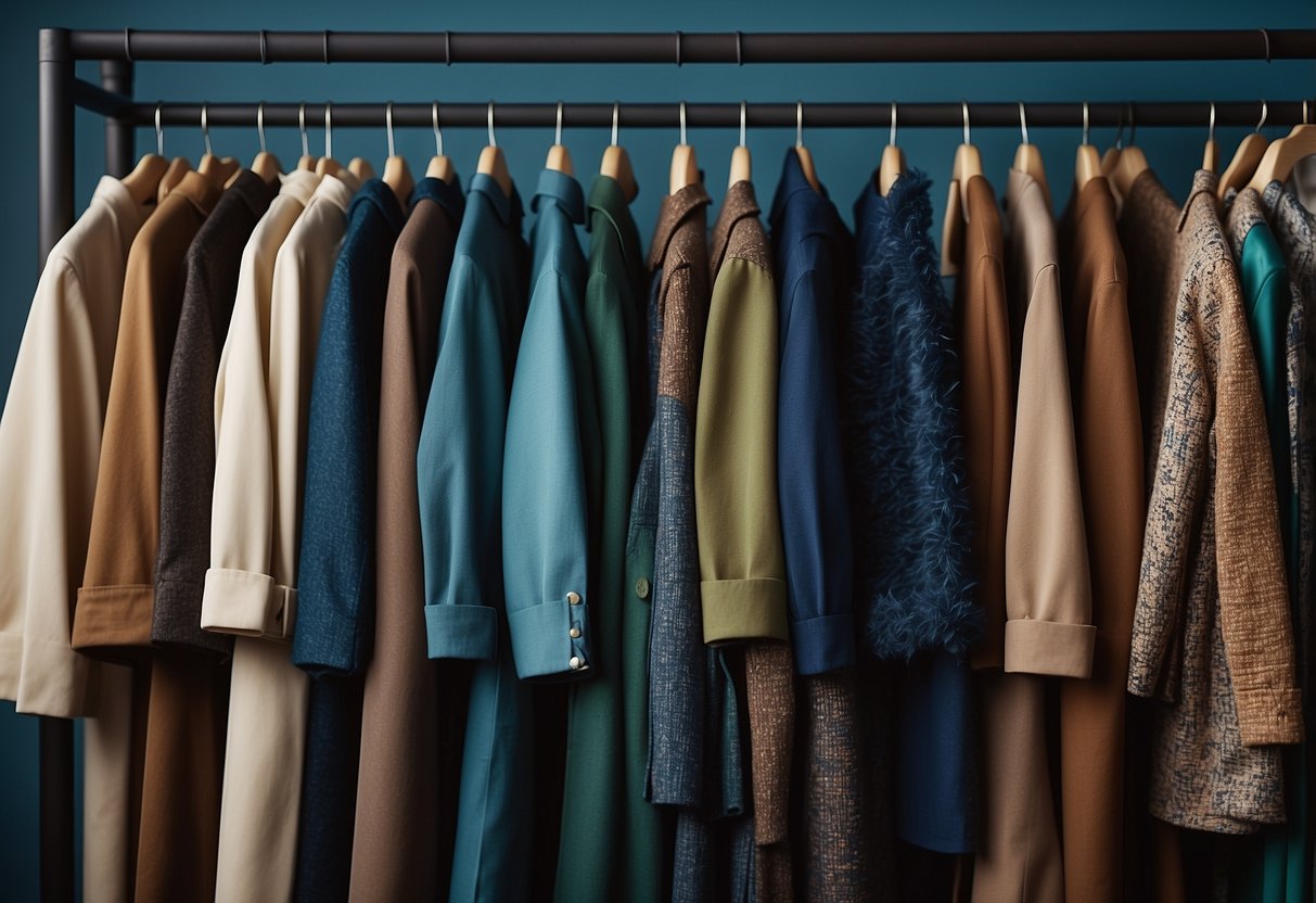 A wardrobe filled with brown clothes, surrounded by a variety of colorful accessories and fabric swatches in shades of blue, green, and cream