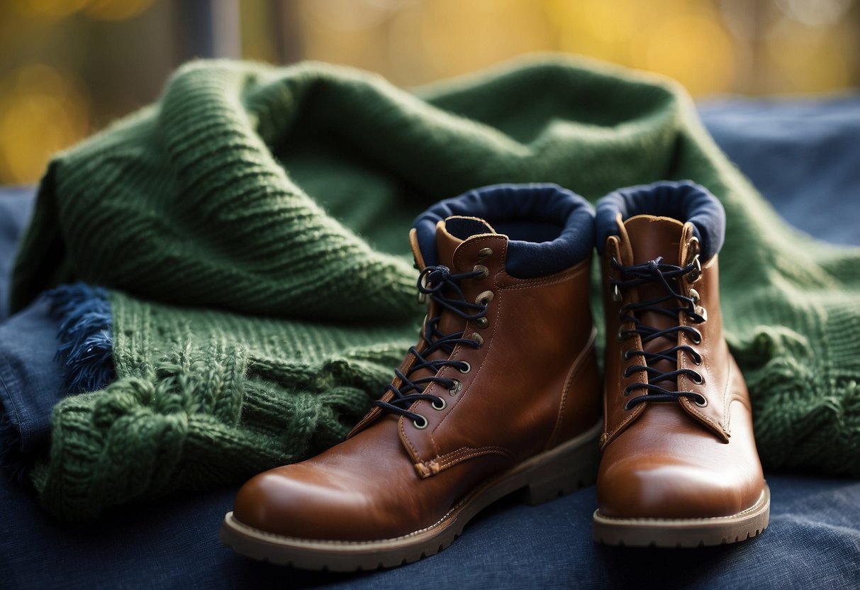 A green sweater, paired with a navy blue scarf and brown leather boots. The sweater has a cable-knit texture, while the scarf is smooth and the boots are weathered