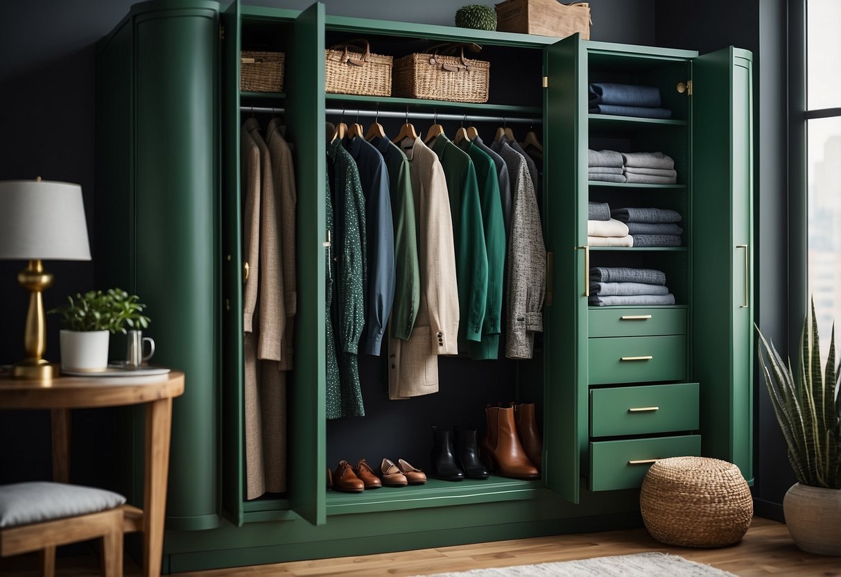 A green wardrobe with various color swatches beside it