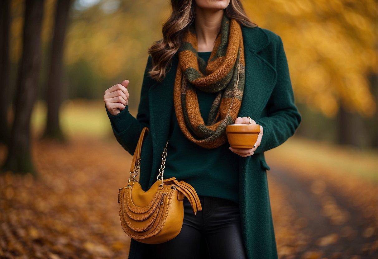 A dark green outfit paired with warm earth tones, such as mustard yellow and burnt orange, against a backdrop of autumn leaves and a cozy fireplace