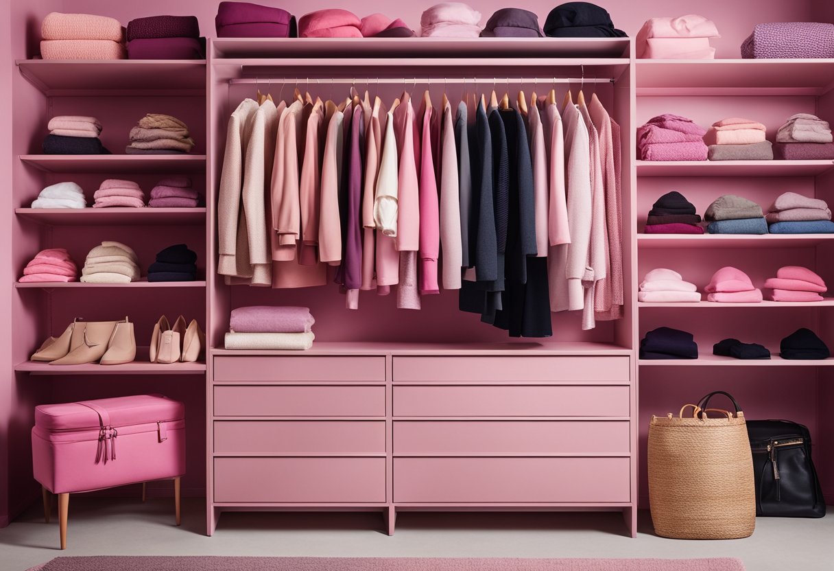 A closet filled with various pink clothing items, surrounded by color swatches in different shades and tones