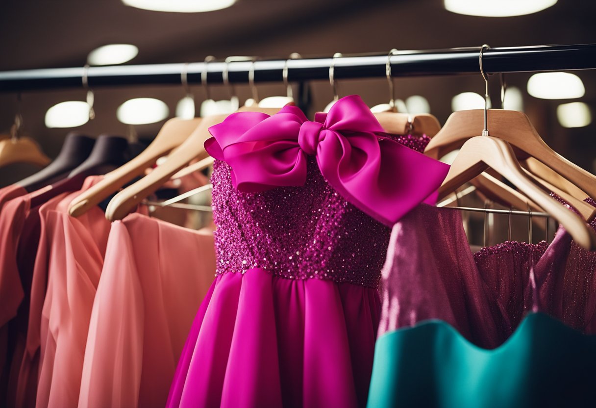 A vibrant hot pink dress hangs on a clothing rack, surrounded by a palette of complementary colors. Sparkling accessories add a touch of glamour to the scene