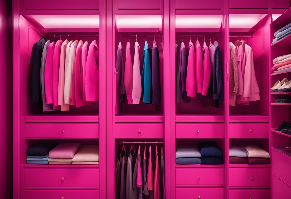 A hot pink wardrobe with various color swatches surrounding it for comparison