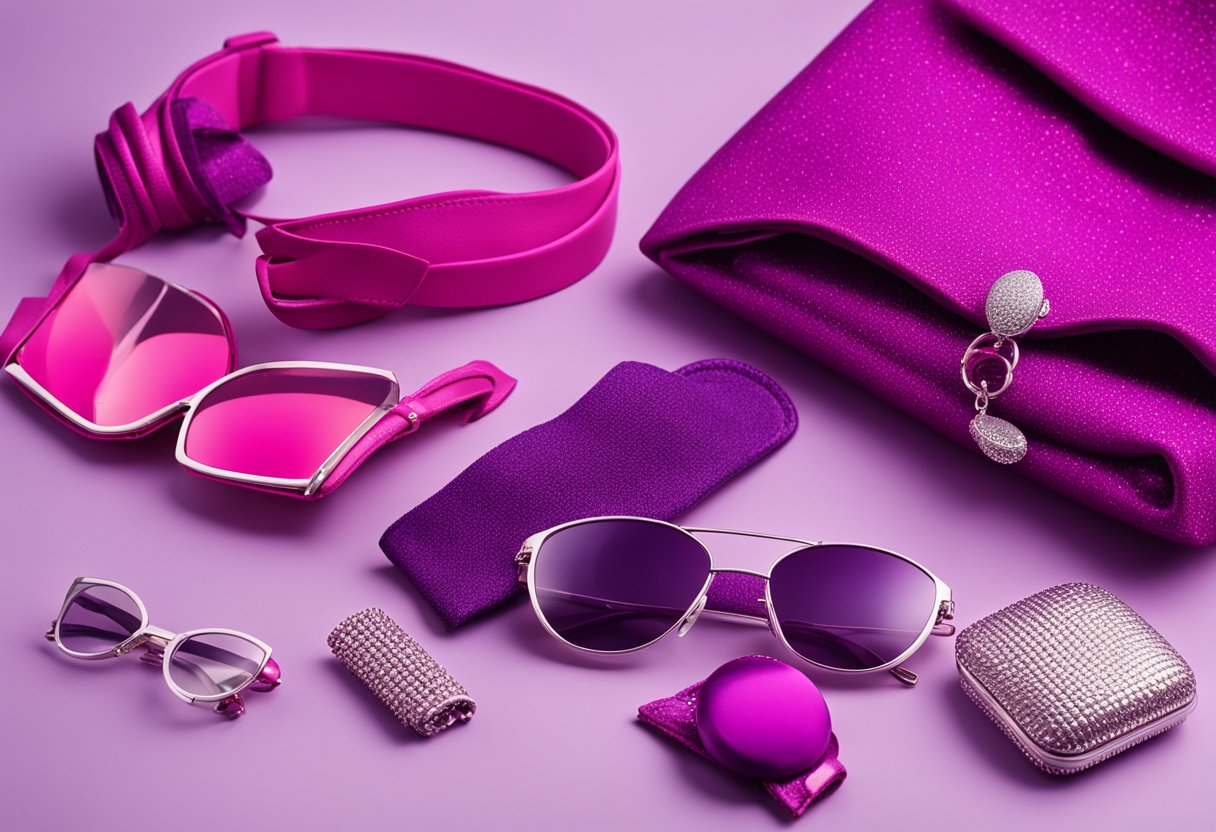 Hot pink clothing with matching accessories in shades of purple, magenta, and silver, set against a white background