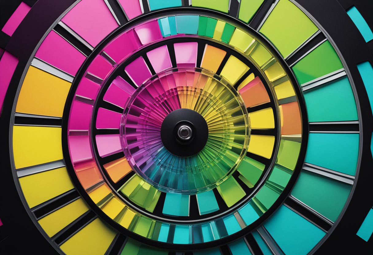 A color wheel with hot pink at the center, surrounded by complementary colors like turquoise, lime green, and yellow