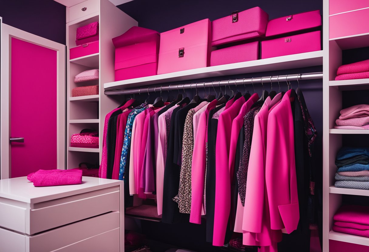 A closet filled with hot pink clothes and accessories, surrounded by color swatches in complementary shades