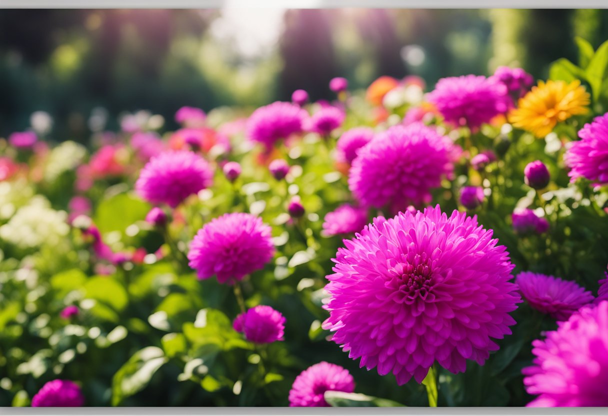 A vibrant garden with blooming flowers in shades of hot pink, surrounded by lush greenery and accented with pops of complementary colors