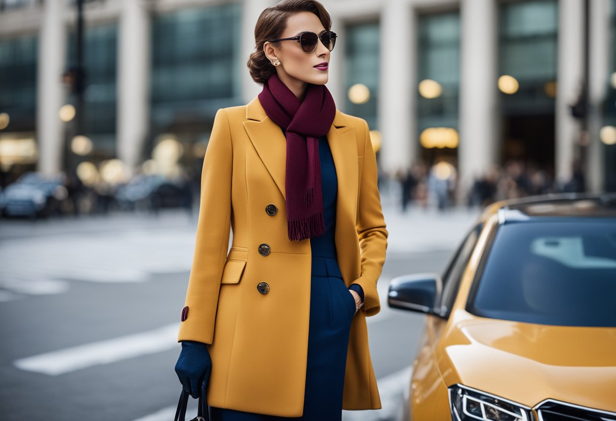 A navy dress paired with mustard yellow heels, a burgundy scarf, and a camel-colored coat. A navy suit with a light blue shirt and a maroon tie