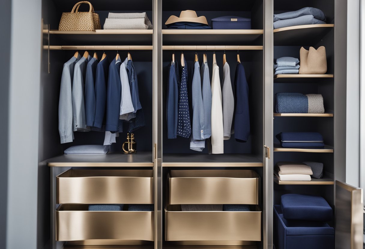 A closet filled with navy clothes paired with complementary colors like white, grey, and pastel shades. Accessories in gold or silver add a touch of elegance