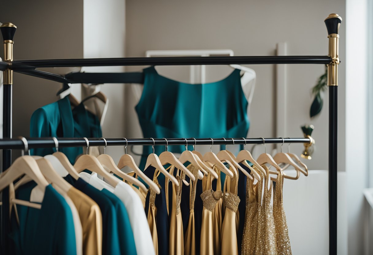 A teal dress hangs on a wardrobe rack, surrounded by coordinating accessories in shades of gold, navy, and white