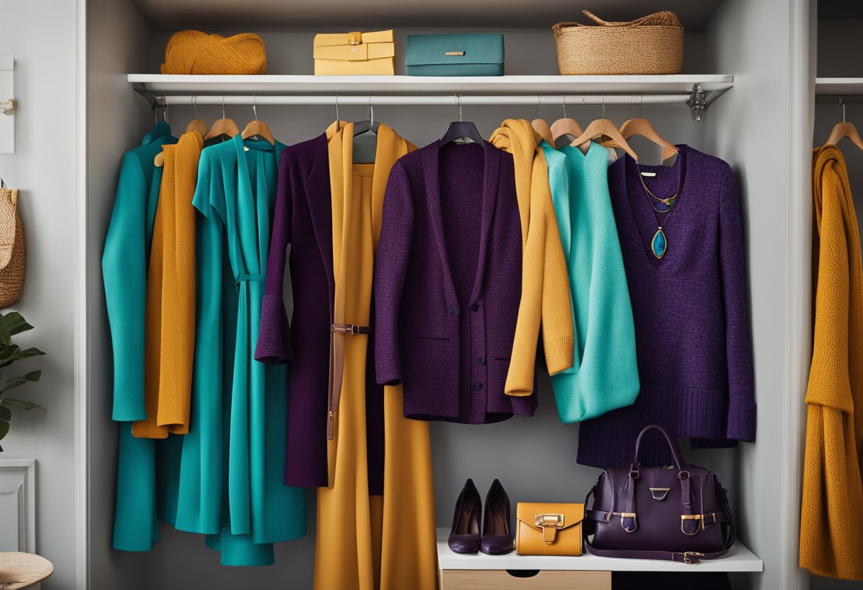 A teal dress hangs in a closet next to a mustard yellow scarf and a deep purple sweater. A turquoise necklace and a coral clutch sit on a shelf nearby