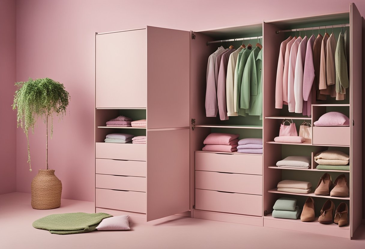 A pink wardrobe surrounded by complementary colors: soft greens, purples, and neutrals. A color wheel and swatches provide visual examples