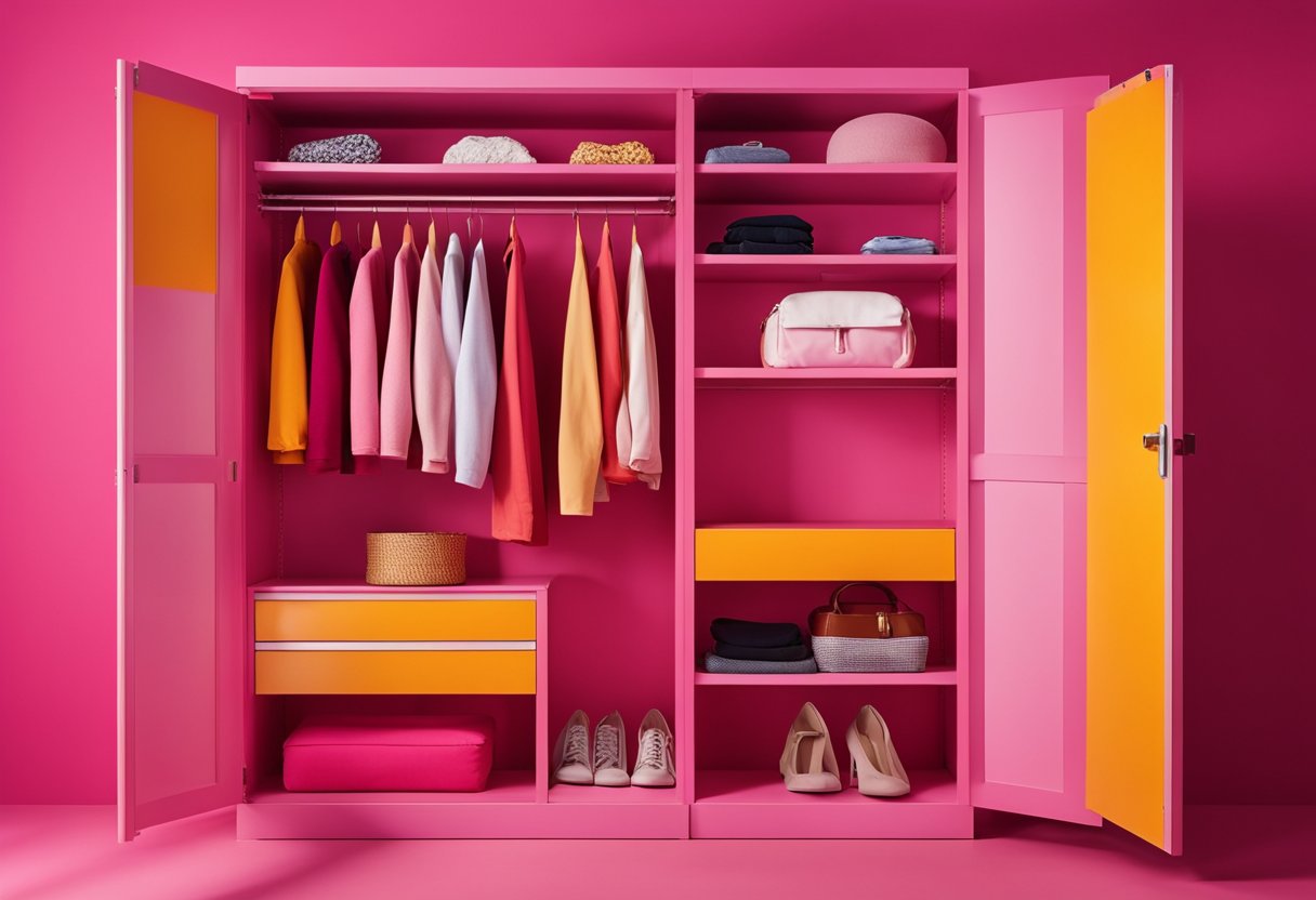 A vibrant pink wardrobe surrounded by warm, cheerful colors like yellow, orange, and red, evoking feelings of joy and energy