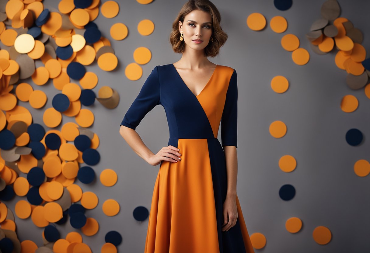 A vibrant orange dress stands in front of a backdrop of deep navy blue and soft gray, with accents of golden yellow and earthy brown