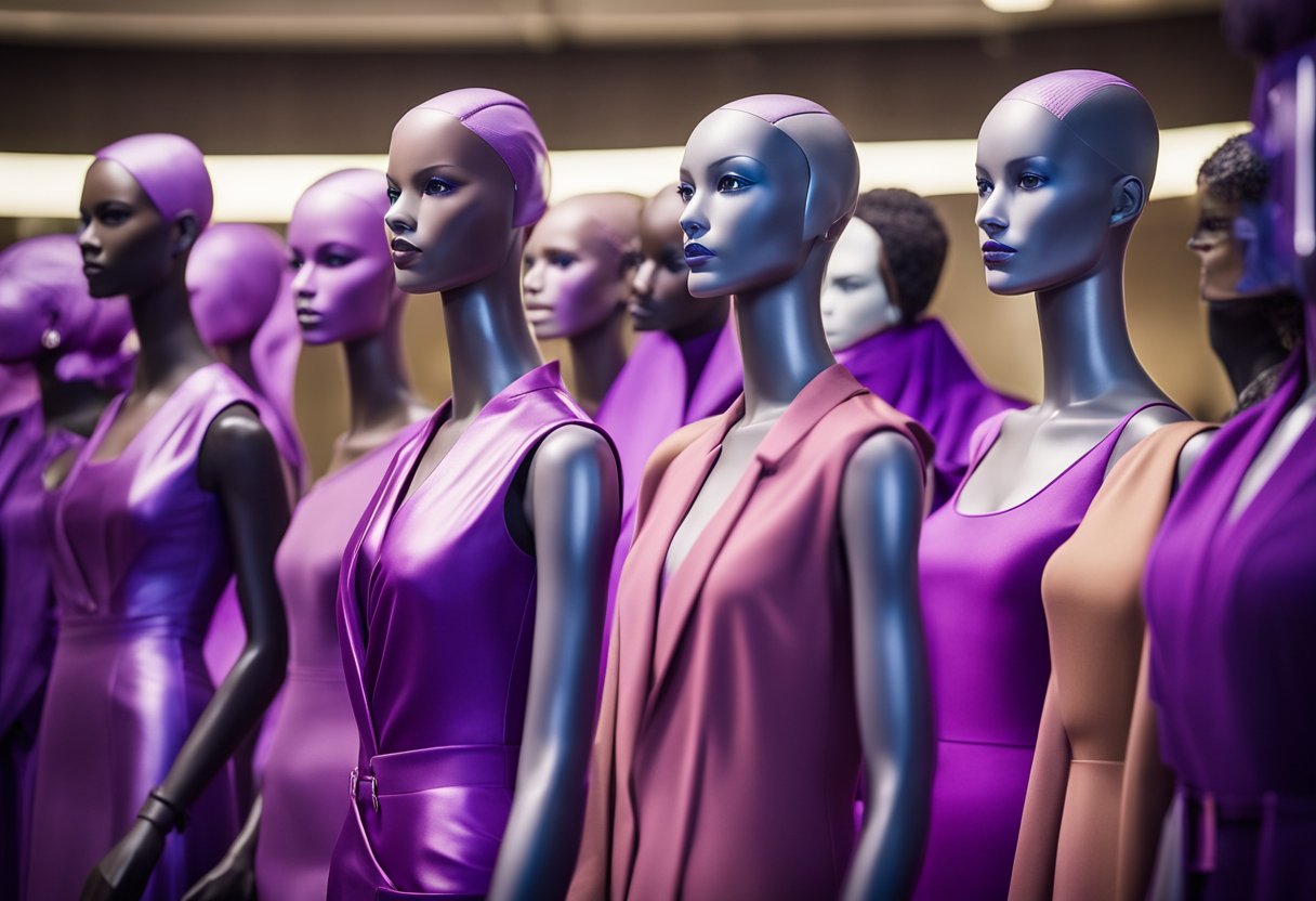 A diverse group of mannequins display purple clothing in different settings, each complemented by various skin tone-appropriate color palettes