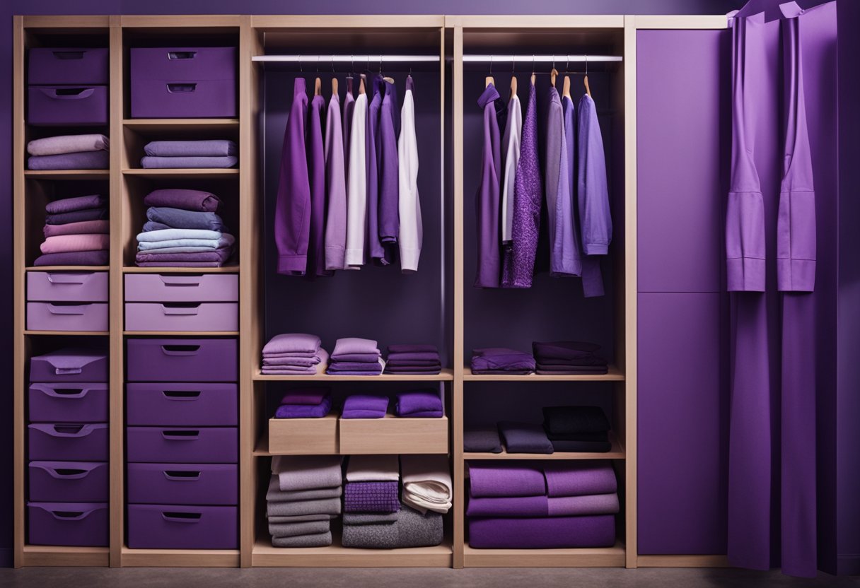 A wardrobe with various shades of purple clothing items, surrounded by color swatches in different hues