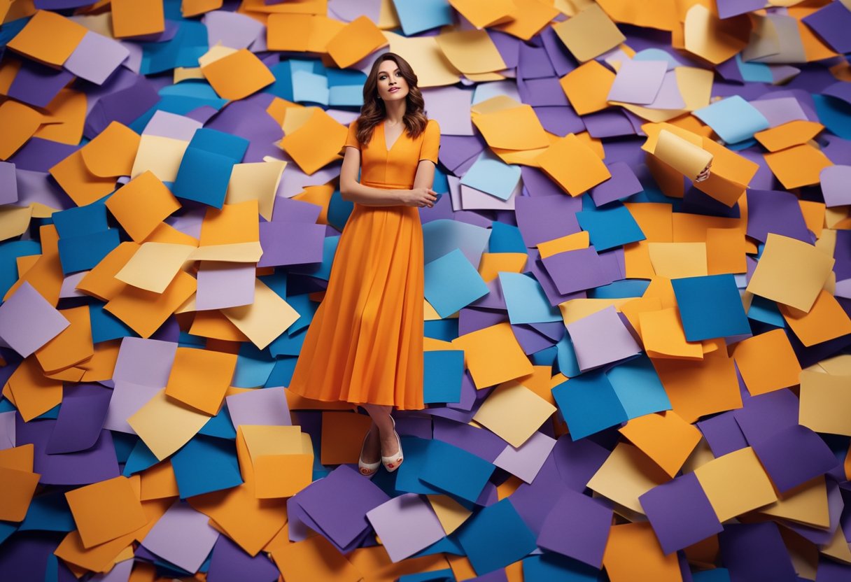 A vibrant orange dress surrounded by a variety of color swatches in shades of blue, purple, and yellow