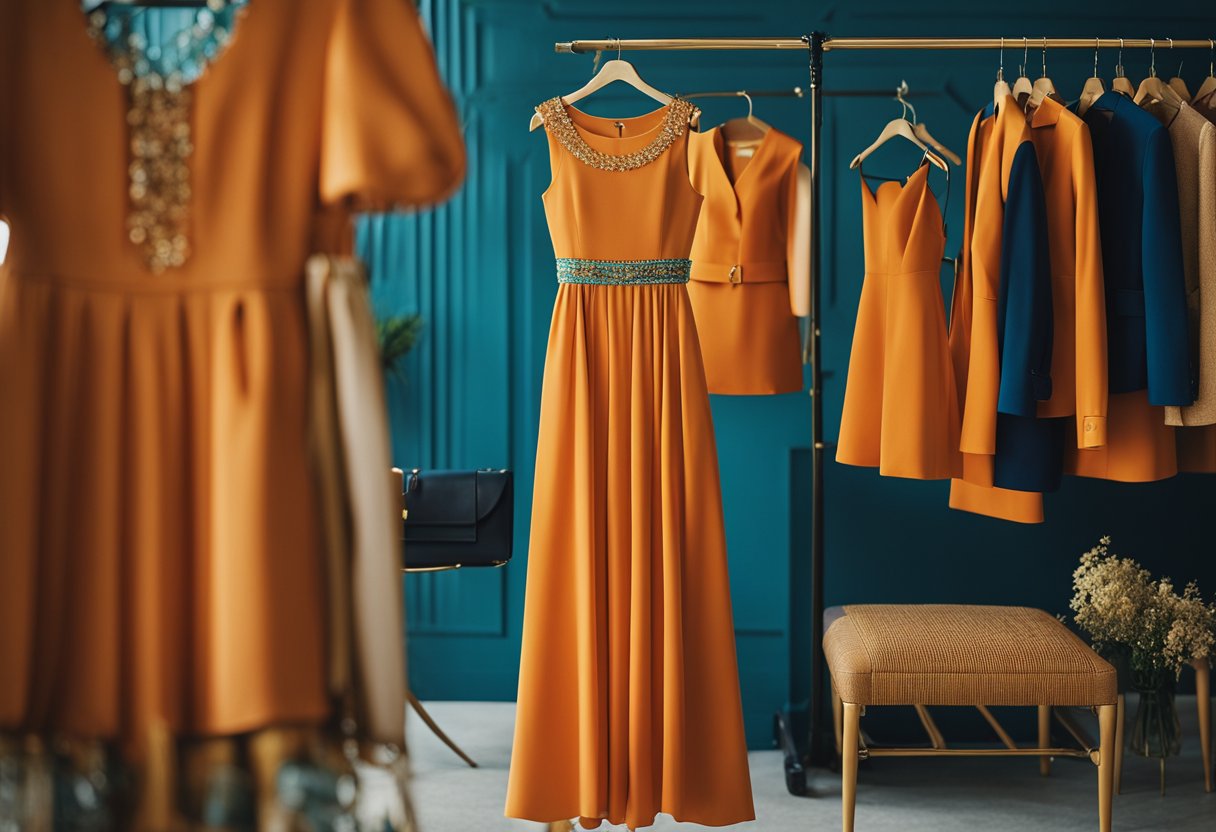 A vibrant orange dress hangs on a clothing rack surrounded by accessories in complementary colors such as gold, turquoise, and navy blue