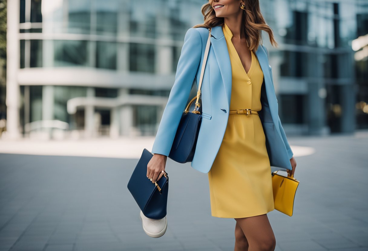 A light blue dress paired with a navy blazer, white sneakers, and a yellow handbag