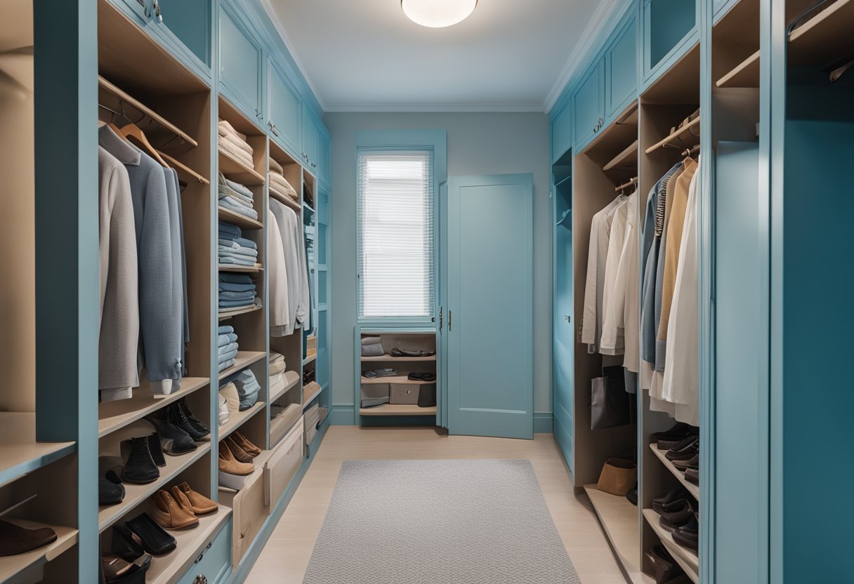 A light blue wardrobe with various color swatches arranged nearby for comparison