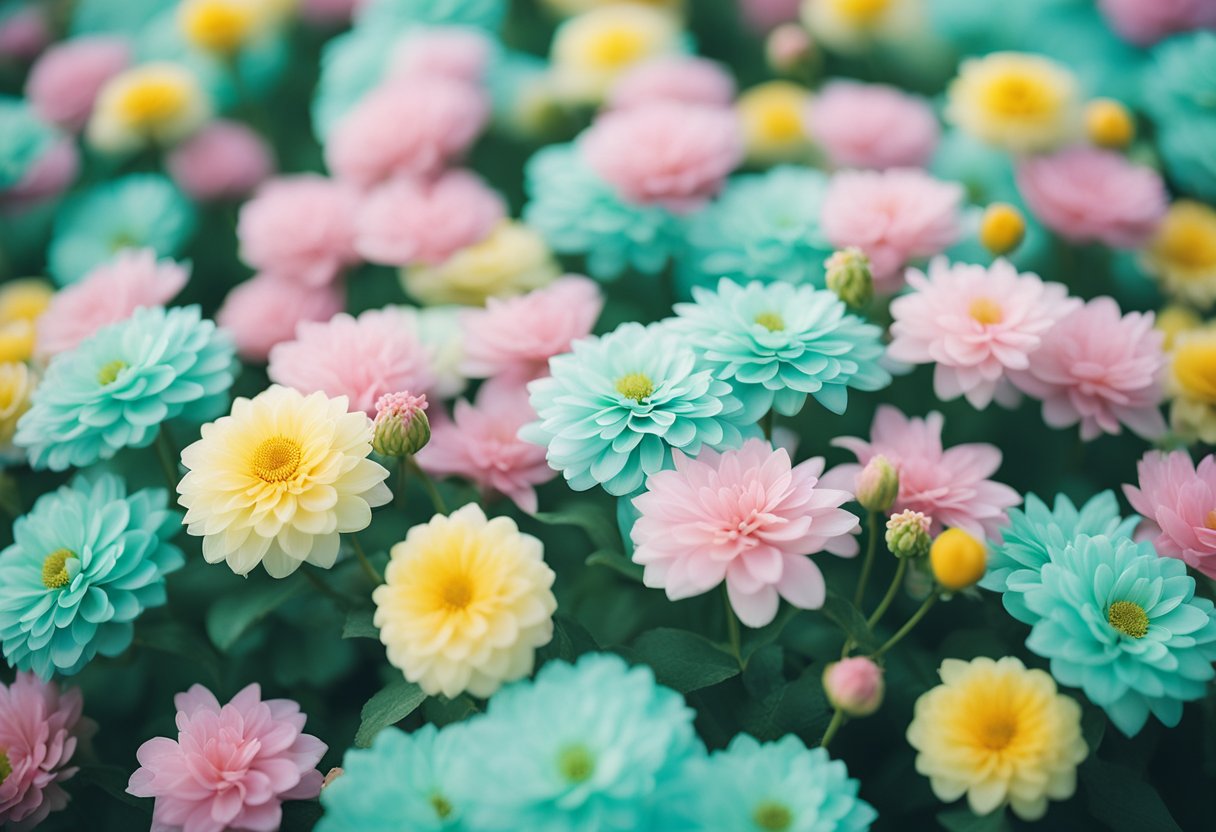 A light blue dress surrounded by complementary colors of soft pink, mint green, and pale yellow flowers