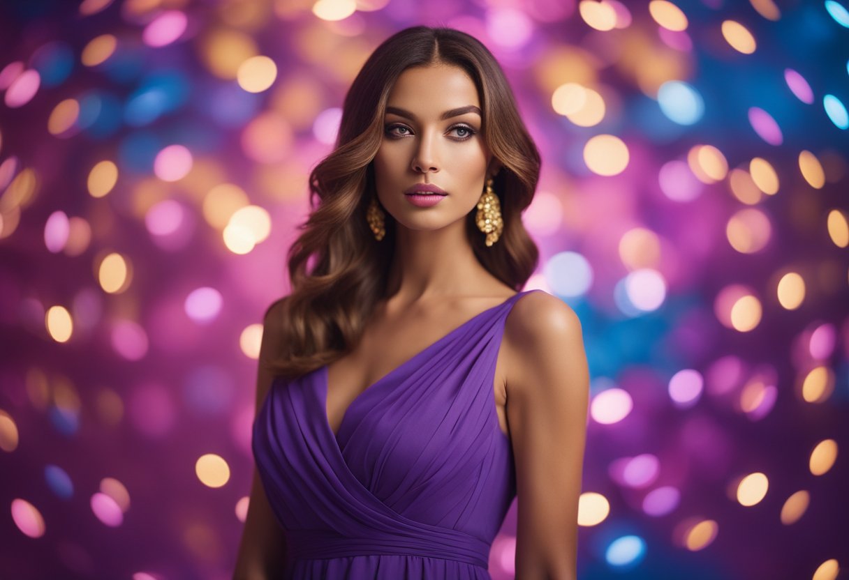 A model wearing a purple dress surrounded by a palette of complementary colors like pink, blue, and gold