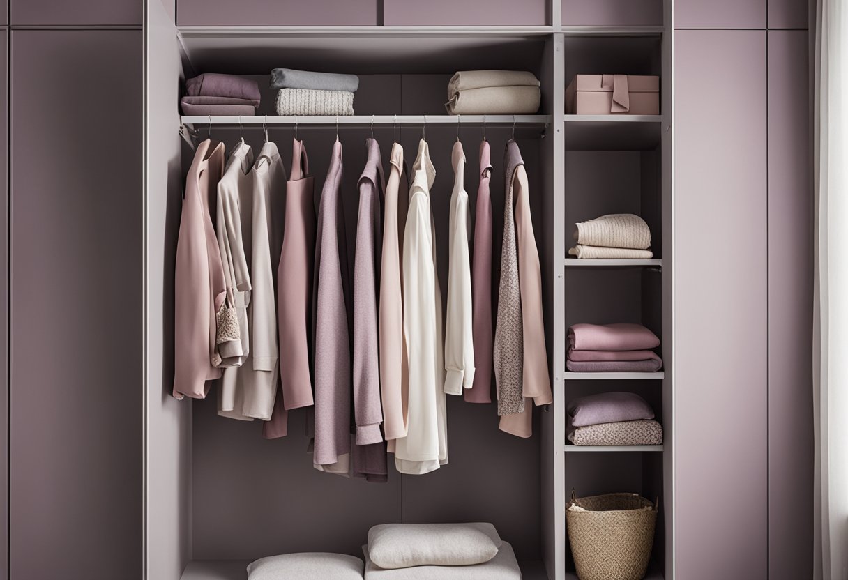 A closet with mauve clothes hanging next to soft gray, dusty rose, and cream garments