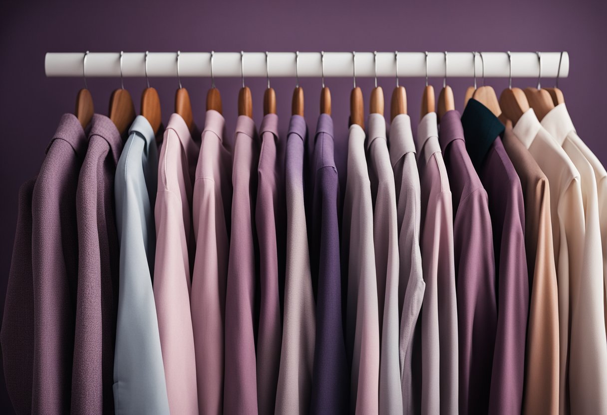 A clothing rack with various shades of mauve garments, surrounded by color swatches and fabric samples in complementary hues