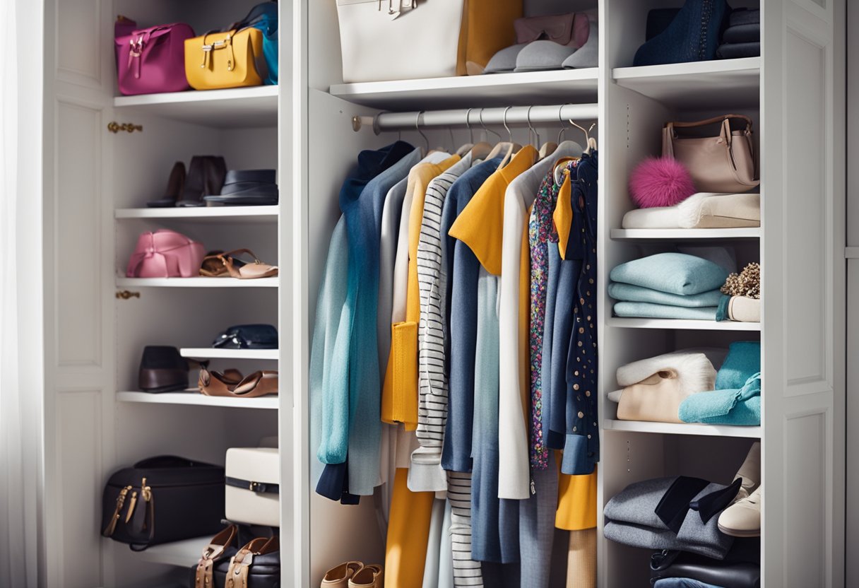 A white wardrobe with colorful accessories strewn around