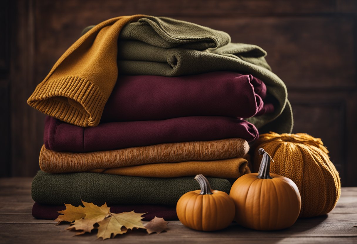 A cozy fall wardrobe with maroon clothes, surrounded by warm earthy tones and complementary shades like mustard yellow and olive green