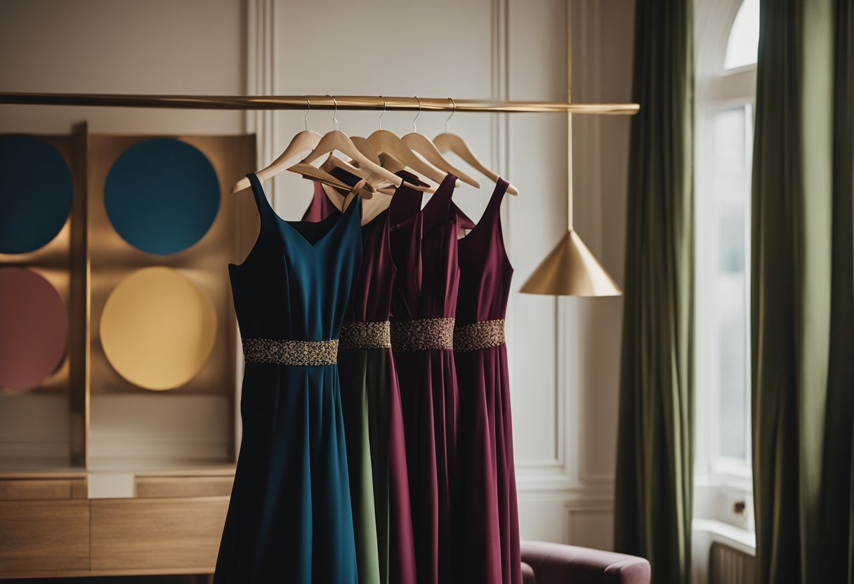 A maroon dress hanging on a hanger, surrounded by a palette of complementary colors like gold, navy, and olive green