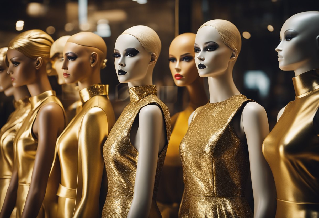 A group of diverse mannequins wearing gold clothing, surrounded by various skin tone swatches