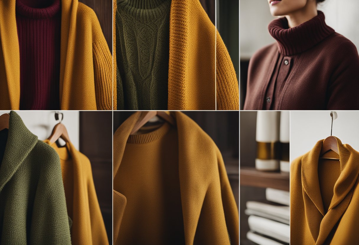 A cozy autumn wardrobe with mustard yellow sweaters, paired with earthy tones like olive green and rich burgundy